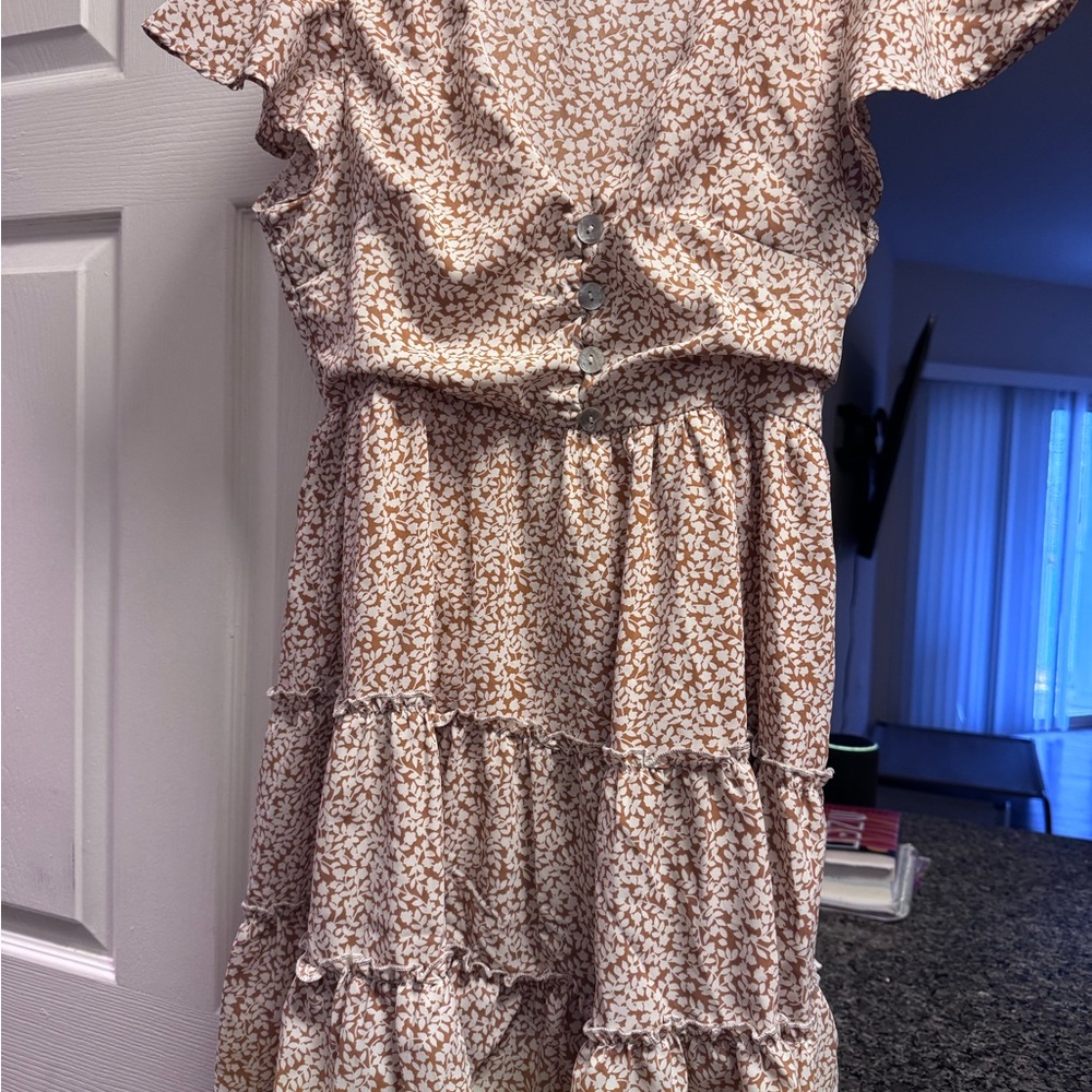 Floral Spring/Fall Dress in Cream and Brown - Knee Length
